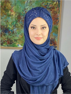 Butik Ambar Sultan Model Lacivert Simli Şifon Büzgülü Şal
