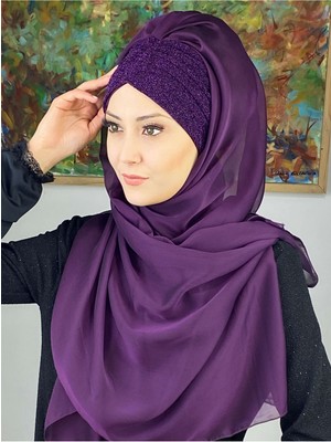 Butik Ambar Sultan Model Mor Fransız Şifon Büzgülü Şal