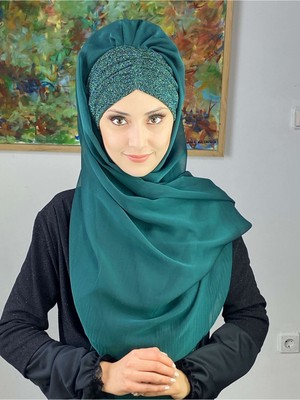 Butik Ambar Sultan Model Yakut Yeşili Fransız Şifon Büzgülü Şal