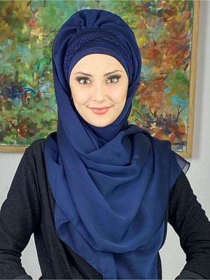 Butik Ambar Top Kapı Model Lacivert Büzgülü Şal