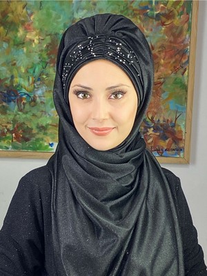Butik Ambar Sultan Model Siyah Simli Şifon Büzgülü Şal