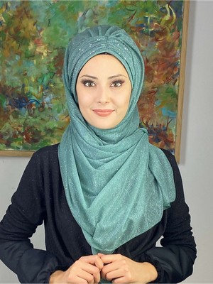 Butik Ambar Sultan Model Su Yeşili Simli Şifon Büzgülü Şal