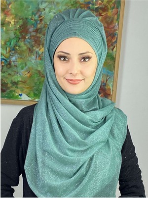 Butik Ambar Top Kapı Su Yeşili Simli Çapraz Drapeli Hazır Şal