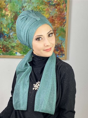 Butik Ambar Hürrem Açık Zümrüt Tek Biritli Simli Atkılı Bone