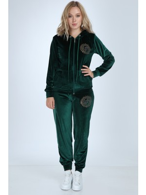 İkmal Kadın Kadife Taş Detaylı Eşofman Takımı – Rahat, Bol Kalıp, Lastikli Paça, Sonbahar/Kış Modası