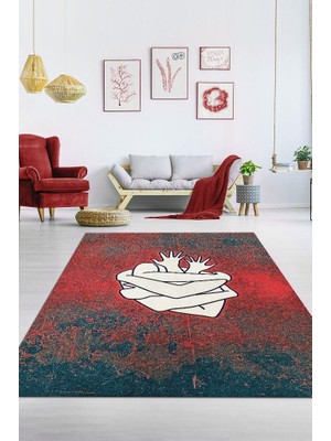 Homshtag Sarılan Kalpler Çok Renkli Gölgeli Dekoratif Salon Halısı Seviliye Hediye Halı Kırmızı Halı