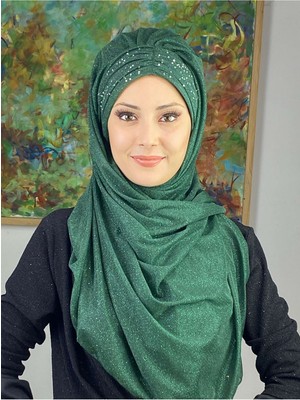 Sultan Model Yakut Yeşili Simli Şifon Büzgülü Şal