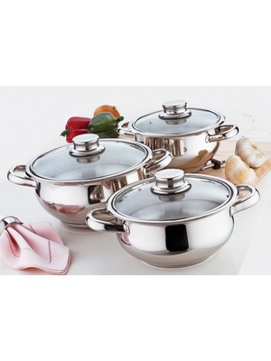 Gülsan Mercan 6 Parça Mini Çelik Tencere Seti Inox Cam Kapaklı Derin Tencereler 16-18-20 cm