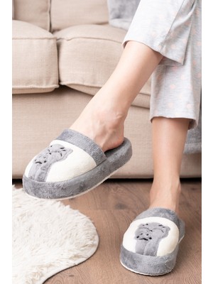 Slipcat Kadın Kedi Pati Baskılı Kışlık Ev Terliği Gri Tekstil Malzeme ile Rahat Kullanım