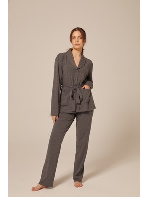 Hays Kadın Pamuklu Bağlama Detaylı Gömlekli Uzun Pijama Takımı