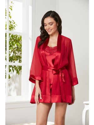 Pierre Cardin 3'lü Saten Dantelli Şort ve Şifon Dantelli Sabahlık Takımı 2475