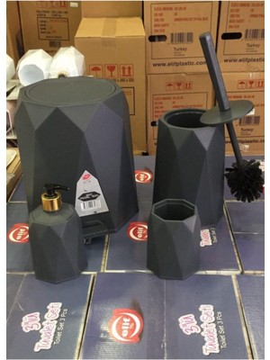 Elif Plastik 4'lü Geo Banyo Seti Plastik 5 Lt Çöp Kovası Tuvalet Fırçası Lavabo Takımı 4lü (Antrasit