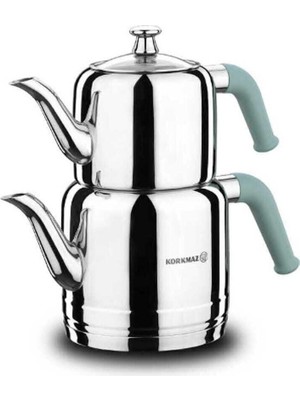 Korkmaz A189-03 Riva Turkuaz Çaydanlık Takımı 1.1 Lt Üst 1.9 Lt Alt 18/10 Cr-Ni Paslanmaz Çelik Fma05238