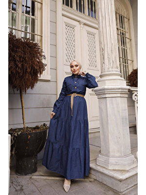 Hasır Kemerli Cep Detaylı Tesettür Kot Elbise FDL1006-1 Koyu Mavi