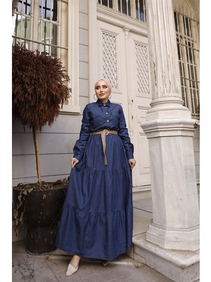 Hasır Kemerli Cep Detaylı Tesettür Kot Elbise FDL1006-1 Koyu Mavi