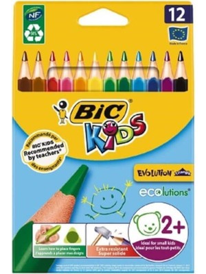 Bic Evolution Jumbo Üçgen Kuru Boya 12 Renk Karton Kutu 2 Yaş ve Üstü Çocuklar için Güvenli ve Eğlenceli