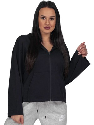 Nike Sportswear Tam Boy Fermuarlı Bol Kesim Kadın Siyah Kapüşonlu Sweatshirt DN4943-010