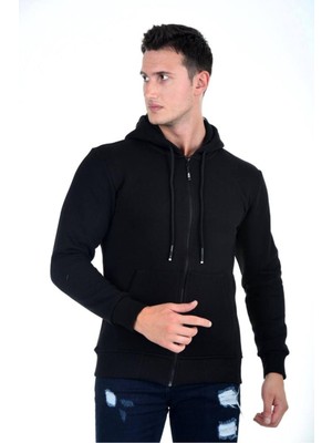 Blues Moda Kapüşonlu Fermuarlı Hoodie İçi Polarlı Kalın Sweatshirt Battal