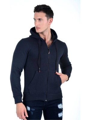 Blues Moda Kapüşonlu Fermuarlı Hoodie İçi Polarlı Kalın Sweatshirt Battal