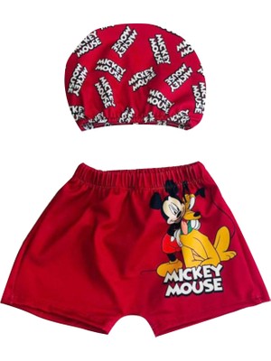 Rs Ramuni Erkek Çocuk Mayo Mickey Mouse Kırmızı Dijital Baskılı Bez Boneli Şort Deniz Havuz Mayosu