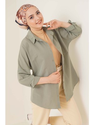 Bigdart Oversize Basic Tesettür Gömlek - Haki Düz Renk Kadın Günlük Stil Uzun Kol