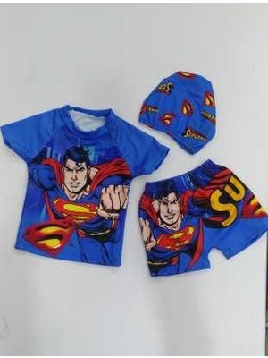 Rs Ramuni Erkek Çocuk Mayo Superman Dijital Baskılı Bez Boneli Şort Tişört Deniz Havuz Mayosu