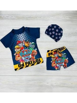 Rs Ramuni Erkek Çocuk Mayo Paw Patrol Dijital Baskılı Bez Boneli Şort Tişört Deniz Havuz Mayosu