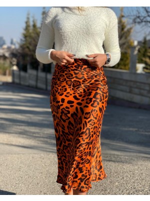 Nur Sönmez Fashion Leopar Turuncu Saten Etek