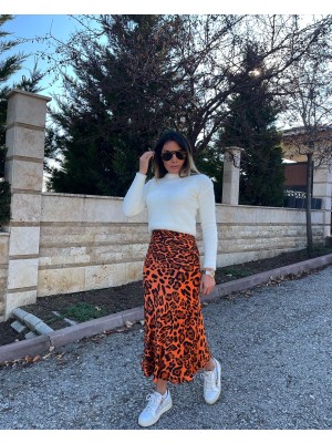 Nur Sönmez Fashion Leopar Turuncu Saten Etek