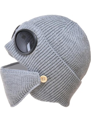 Malory Unisex Yün Örgü Gözlük Beanie ile Set Kışlık Sıcak Şapka Gri (Yurt Dışından)