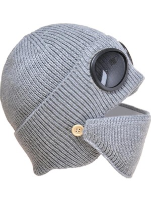 Malory Unisex Yün Örgü Gözlük Beanie ile Set Kışlık Sıcak Şapka Gri (Yurt Dışından)