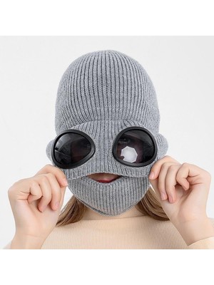 Malory Unisex Yün Örgü Gözlük Beanie ile Set Kışlık Sıcak Şapka Gri (Yurt Dışından)