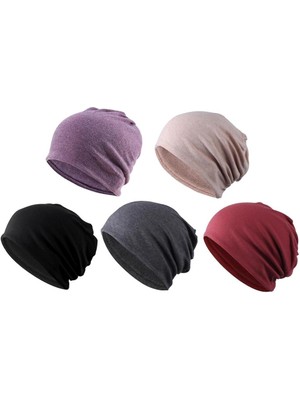 Malory 5 Adet Unisex Pamuklu Eğimli Beanie Katı Uyku Şapkası Tavan Türban (Yurt Dışından)