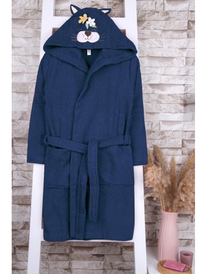 Baveno  Pamuk Kapüşonlu Çiçekli Kedi Nakışlı Çocuk Bornoz