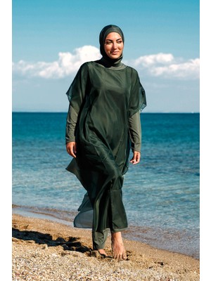 Marina Tesettür Mayo Üzerine Kaftan Kimono Pareo P2202-HAKI