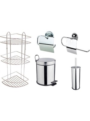 Renk Yapı Rüyası Krom 5lt Çöp Kovası + 2 Katlı Raf + Havluluk + Kağıtlık + Fırça 5 Takım Banyo Set