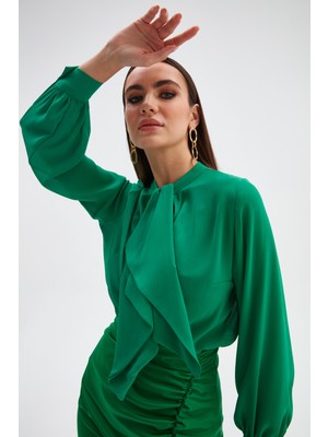 Sateen Fular Detaylı Salaş Bluz - Yeşil
