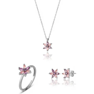 Zanaat Silver 925 Ayar Gümüş Ametist-Pembe Taşlı Nilüfer Çiçeği Takım & Seti