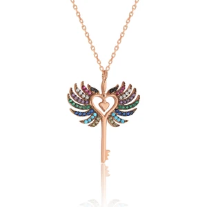 Zanaat Silver 925 Ayar Gümüş Mix Taşlı Rose Kaplama Kalpli Anahtar Melek Kanadı Kolye