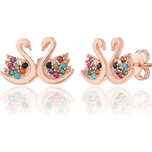 Zanaat Silver 925 Ayar Gümüş Mix Zirkon Taşlı Rose Kaplama Kuğu Modeli Küpe