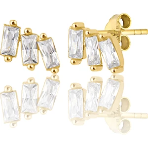 Zanaat Silver 925 Ayar Gümüş Altın Kaplama 3 Adet Baget Taşlı Küpe