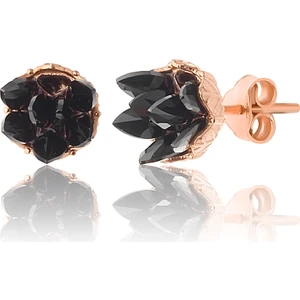 Zanaat Silver 925 Ayar Gümüş, Siyah Taşlı Rose Kaplama Lotus Çiçeği Küpe
