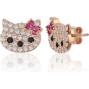 Zanaat Silver 925 Ayar Gümüş Rose Kaplamalı Zirkon Taşlı Kedi Modeli Küpe
