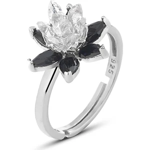 Zanaat Silver 925 Ayar Gümüş Siyah Taşlı Rodyumlu Lotus Nilüfer Çiçeği Ayarlanabilir Yüzük