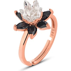 Zanaat Silver 925 Ayar Gümüş Siyah Taşlı Rose Lotus Nilüfer Çiçeği Ayarlanabilir Yüzük