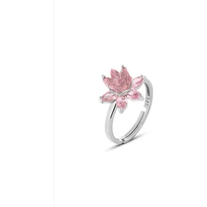 Zanaat Silver 925 Ayar Gümüş Pembe Taşlı Lotus Nilüfer Çiçeği Ayarlanabilir Yüzük