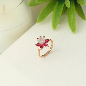 Zanaat Silver 925 Ayar Gümüş Rubi Taşlı Rose Lotus Nilüfer Çiçeği Ayarlanabilir Yüzük