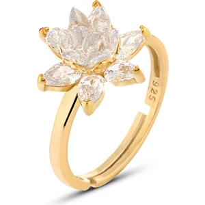 Zanaat Silver 925 Ayar Gümüş 14K Altın Kaplama Lotus Nilüfer Çiçeği Ayarlanabilir Yüzük