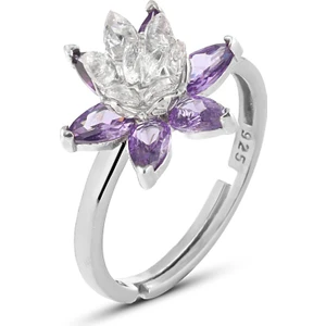 Zanaat Silver 925 Ayar Gümüş Ametist Taşlı Lotus Nilüfer Çiçeği Ayarlanabilir Yüzük