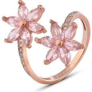 Zanaat Silver 925 Ayar Gümüş Pembe Taşlı Rose Nilüfer Kamelya Çiçeği Ayarlanabilir Yüzük
